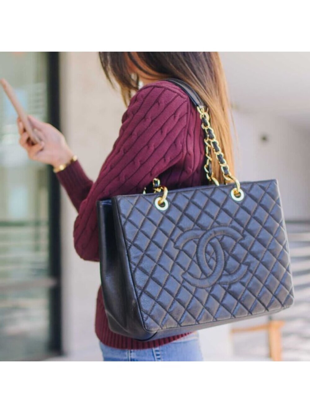 Chanel Gst Caviar Grand Shopping Tote Quilted Shoulder Bag Black Chain - Picture 2 of 10